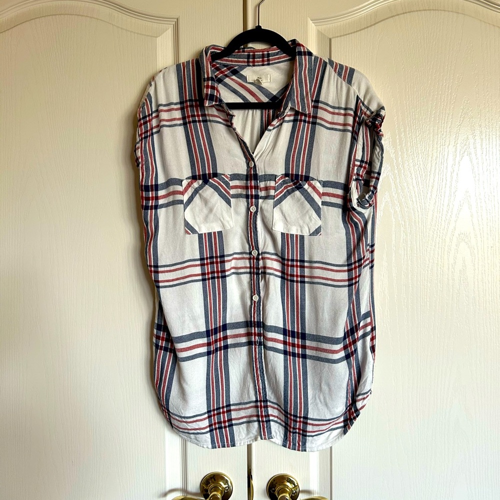 BLL New York plaid cap sleeve pocket front oversized top size Large